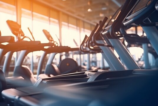 modern gym blurred photo of exercise equipment. generative ai