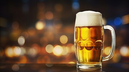 Mug of beer on the background of a bokeh.