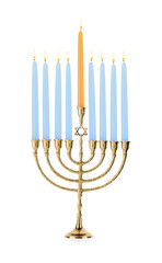 Menorah with burning candles isolated on white. Hanukkah symbol