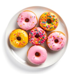 Pink donuts on white background, top view.