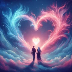 Fotobehang Twin flame couple. Soulmates. The concept of magical, esoteric, tantric, spiritual love. Connection between souls. Illustration for websites and much more. Created using generative ai tools © Marin4ik