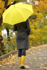 Obraz premium Woman with yellow umbrella walking in autumn park, back view
