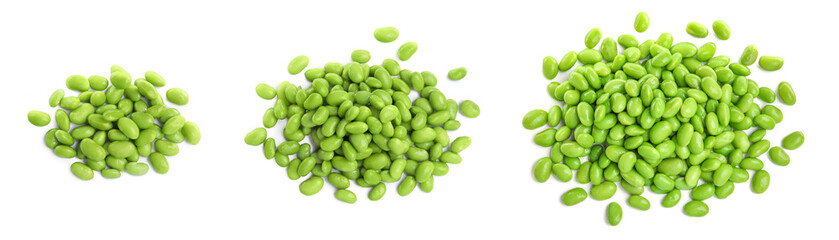 Pile of fresh edamame soybeans isolated on white, top view