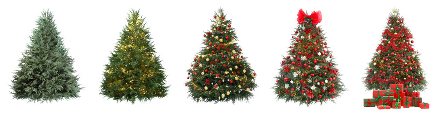 Christmas tree isolated on white, step-by-step decorating