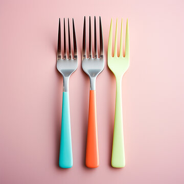 Silver table forks isolated on a light background - AI generated image