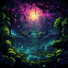 Obraz na płótnie Canvas a pixelated symphony featuring jungle elements, a whirlwind with mirage-like distortions influenced by quantum mechanics