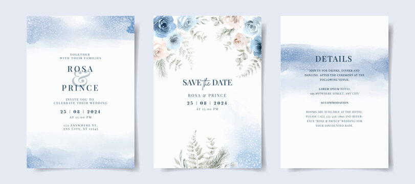 Beautiful set of wedding invitation card template with blue floral and leaves decoration. Winter theme