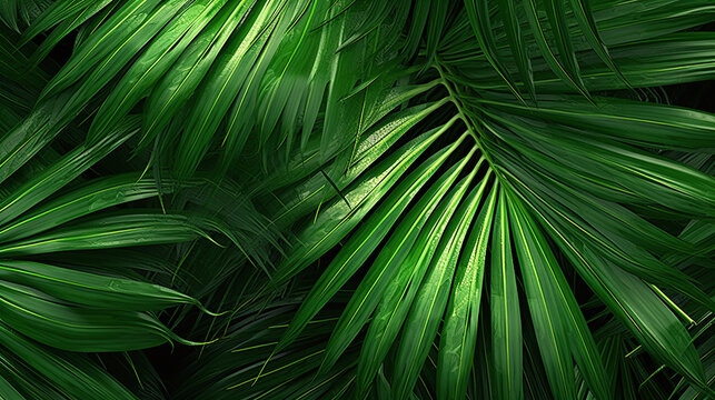 Fototapeta Tropical green palm leaves with fresh raindrops, vibrant nature background, high detail and texture, ideal for botanical themes and natural wallpapers. AI Generative