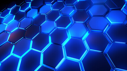 Fototapeta premium smooth flat Hexagonal blue pattern, blue background texture, neon glowing light between hexagons, 3d illustration, 3d rendering