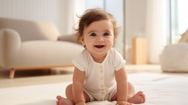 portrait of European baby girl and boy, 6 months old, smiling, while sitting on the floor in a modern house
