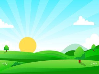 Sunrise landscape vector with a colorful and cute design suitable for background or illustration