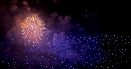 Purple Firework celebrate anniversary happy new year 2024, 4th of july holiday festival. Purple firework in night time celebrate national holiday. Violet firework Countdown to new year 2024 festival