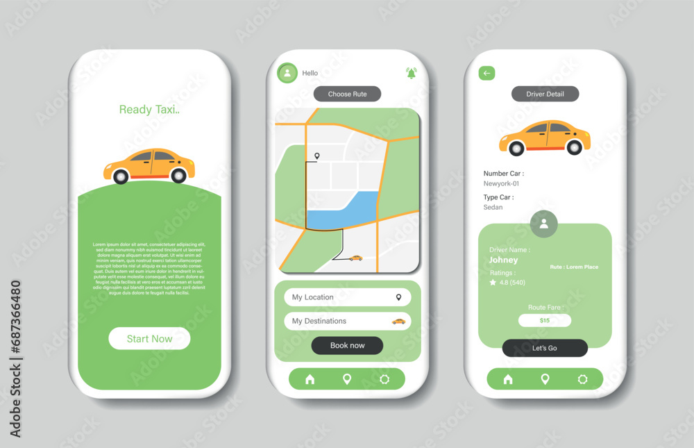 Poster application for ordering a taxi. collection of online taxi interface templates. responsive gui for m