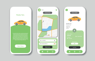 Application for ordering a taxi. Collection of online taxi interface templates. Responsive GUI for mobile applications. Vector illustration