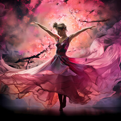a vivid ballet featuring abstract sakura elements with watercolor-inspired strokes during nightfall, a whirlwind playing with shadows and light