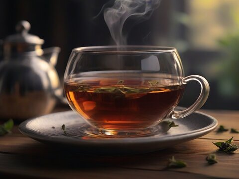 Invigorating tea moment: Strong, fresh cup of tea with subtle steam – a perfect blend of warmth and freshness. Ideal for tea enthusiasts and perfect for international tea day!