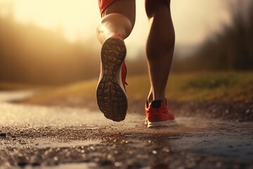 Close up of legs and feet of a person running or jogging in the morning