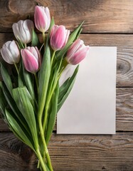 Fototapeta premium Top view of a bouquet of tulips and a piece of paper for text on a wooden background with copy space