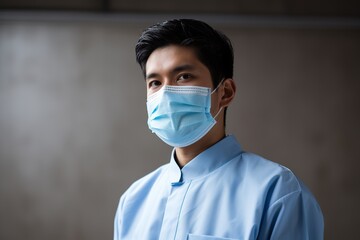 Covid-19 Situation in Business Concept. Businessman with Surgical Mask standing in the City. Protected and Care of Health. Stressed out due to Corona Virus. Looking at Camera