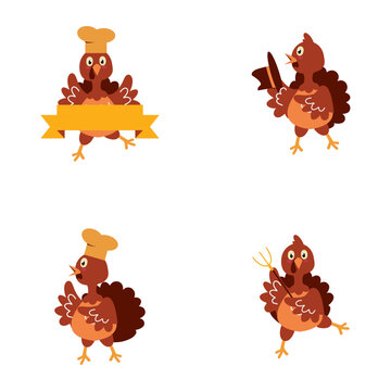 Set of Thanksgiving Turkey In Cute Cartoon Design. Isolated Vector.
