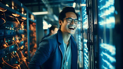 A computer technician laughing in a server room. An experienced computer technician will be able to face the problem without any problems. while others cannot solve the problem. So he saw it as fun.