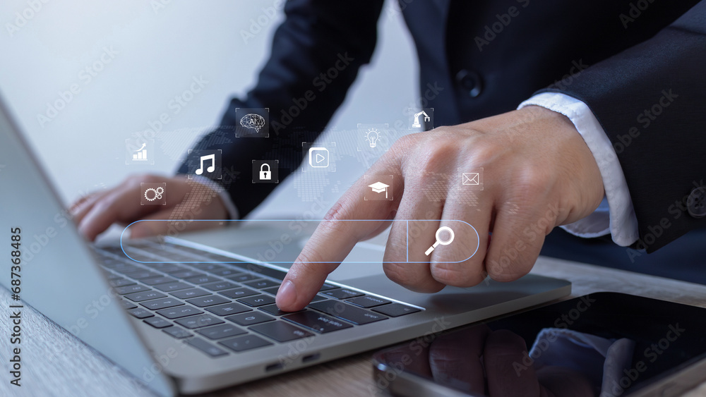 Poster data search technology search engine optimization (seo). man are using a smartphone to searching for
