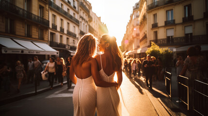 Lesbian couple hugging each other walking in Paris, Generative AI