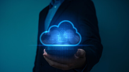 Cloud computing and database information technology server.Businessman hosting cloud storage for...