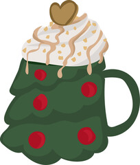 Christmas mug with drink illustration on transparent background.