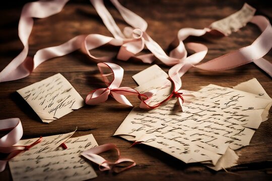 Love letters tied with silk ribbons scattered on a vintage wooden desk, capturing the handwritten expressions.