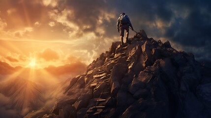 A Person Climbing a Mountain of Challenges, Signify overcoming obstacles and reaching new heights - obrazy, fototapety, plakaty