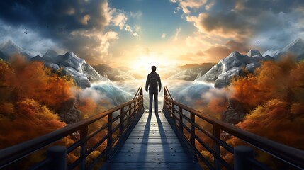 A Person Crossing a Bridge Between Two Worlds, Illustrate transitions and expansion into new markets - obrazy, fototapety, plakaty