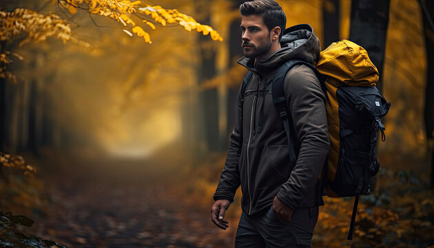 man exploring wild nature with backpack and camera