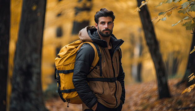 man exploring wild nature with backpack and camera
