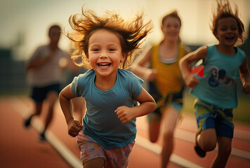 children running on racetrack at school - obrazy, fototapety, plakaty
