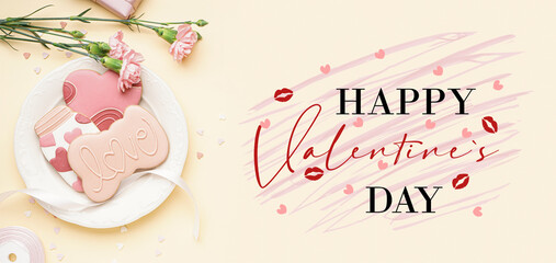 Greeting banner for Valentine's Day with sweet cookies and flowers