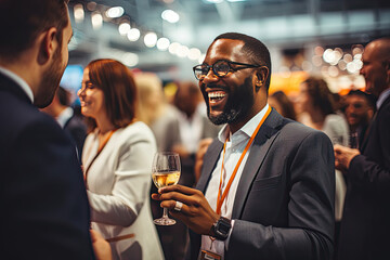 Happy businessman laughing while holding drink glass during networking event at convention center - obrazy, fototapety, plakaty