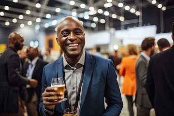Fotobehang Happy businessman laughing while holding drink glass during networking event at convention center © Kien