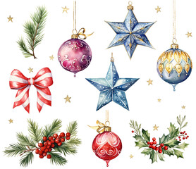 Set of Christmas balls and stars decorations watercolor vector illustration,set of christmas elements	