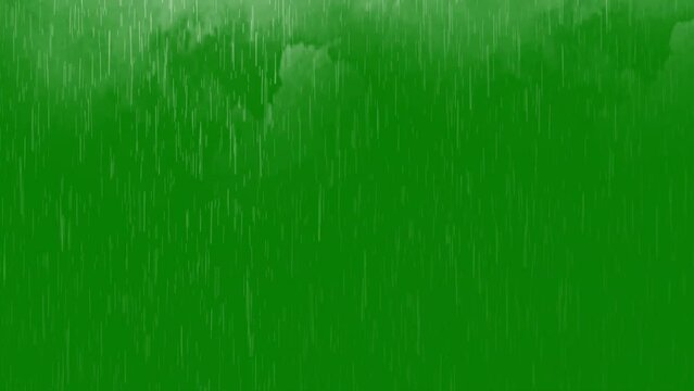 Rain with thunderstorm on green screen. Clouds accompanied by lightning strikes heavy rain, thunderstorms on a green screen