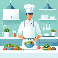 Flat style illustration of a chef in modern kitchen setting. The chef, wearing a white toque and apron, is preparing a colorful salad - obrazy, fototapety, plakaty