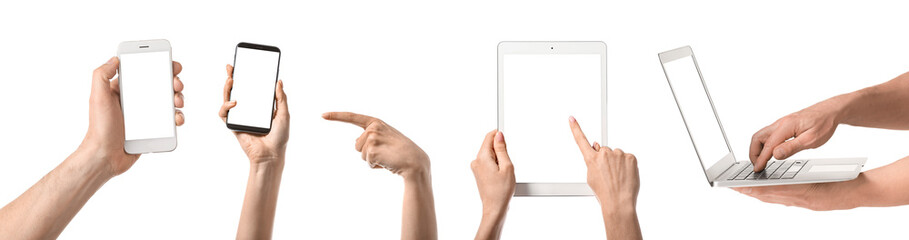 Collage of hands with modern devices on white background