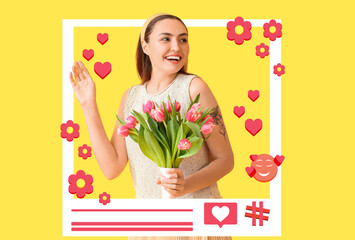 Happy young female blogger with flowers on yellow background