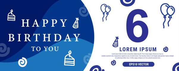 6 year celebration Creative Happy Birthday Text. Blue color decorative banner design, Vector illustration.