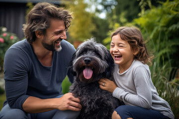 happy family playing with their dog on the garden