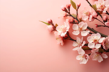 Branch of blooming cherry blossoms against a smooth pastel pink background. 