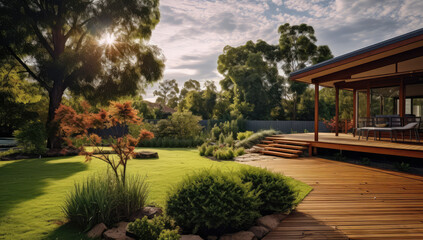 the backyard garden with a wooden deck, grassed area and a roof house - obrazy, fototapety, plakaty