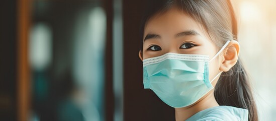 Asian girl, vaccinated, at home, smiling, showing band, vaccination concept. - obrazy, fototapety, plakaty