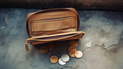 A few coins with the opened brown wallet