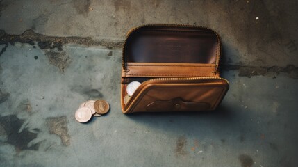 A few coins in the opened brown wallet and outside the wallet
